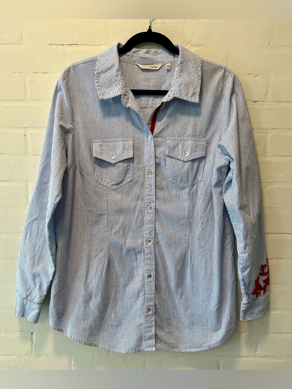 Soft Surroundings Blue Stripe Embroidered Button Up Shirt Boho Timeless Size L - Picture 5 of 7